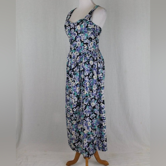 Vintage Laura Ashley Cross Back Dress Blue Pansy Print Cotton Made in Ireland